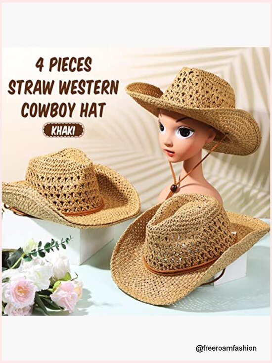 4 Pack Straw Cowgirl Cowboy Party Hats Western Theme Props main image 4